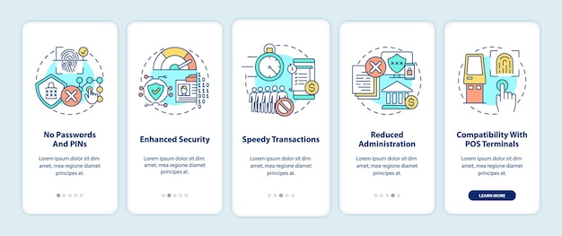 Biometric payment benefits onboarding mobile app page screen with concepts. Identify user and authorize walkthrough 5 steps . UI  template with RGB color illustrations