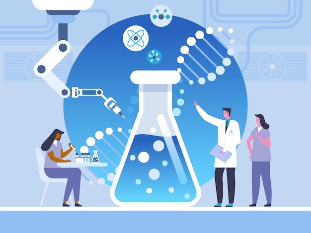 Biotechnology, lab study flat vector illustration. Scientist and assistants cartoon characters