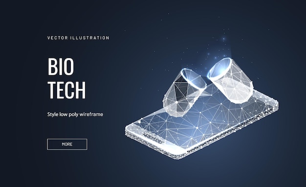 Biotechnology low poly wireframe landing page template. Pharmacy science web banner. 3d capsule on smartphone surface polygonal illustration. Pill and mobile phone mesh art homepage design layout