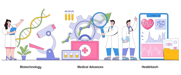 Vector biotechnology medical advances healthtech concept with character business life science abstract vector illustration set innovative treatments precision medicine health breakthroughs metaphor