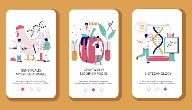 Biotechnology mobile app onboarding screens vector template