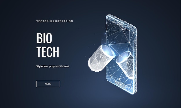 Biotechnology, pharmacy low poly wireframe landing page template. Pharmaceutics science web banner. 3d pill and cellphone polygonal illustration. Capsule and smartphone mesh art homepage design layout