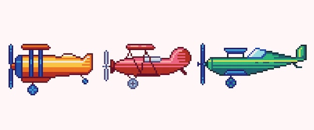 Biplane pixel art set Old airplane with propeller collection 8 bit sprite