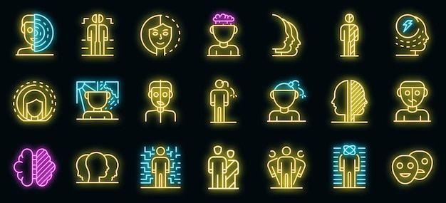 Bipolar disorder icons set. Outline set of bipolar disorder vector icons neon color on black