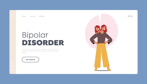 Bipolar Disorder Landing Page Template Female Character with Brain Mental Disease Woman with Two Heads Brain Sickness