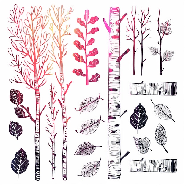 Vector birch flat vector linear tem set illustration high quality