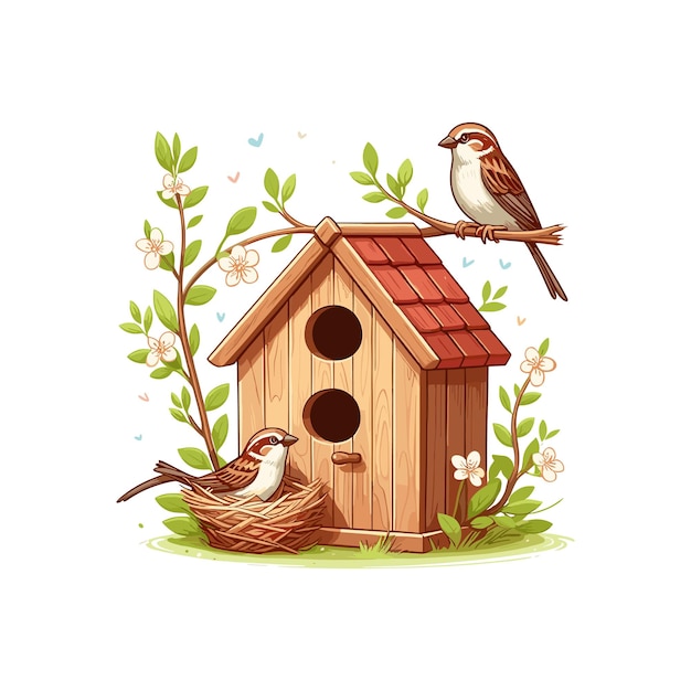 Vector a bird and a bird house with a bird on the top of it birds or sparrows house on tree vector illust