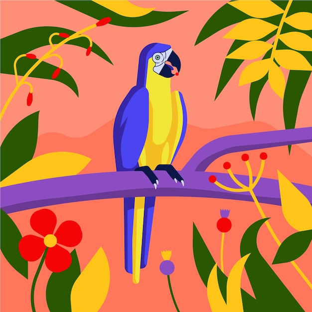 bird Blue-and-yellow macaw standing on branches. Various tropical leaves on light red background.