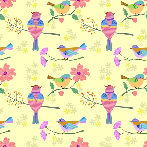 Bird on branch with flowers seamless pattern.