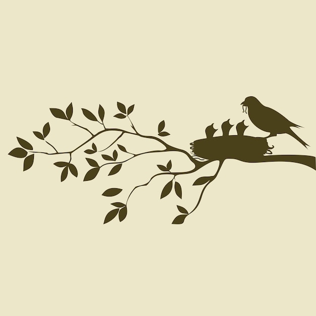 Vector a bird on a branch with leaves on it