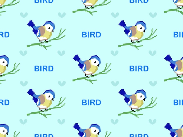 Bird cartoon character seamless pattern on blue background Pixel style