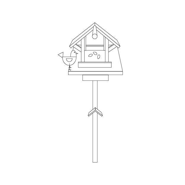 Bird feeder with bird, black line drawing, doodle isolated on white background.