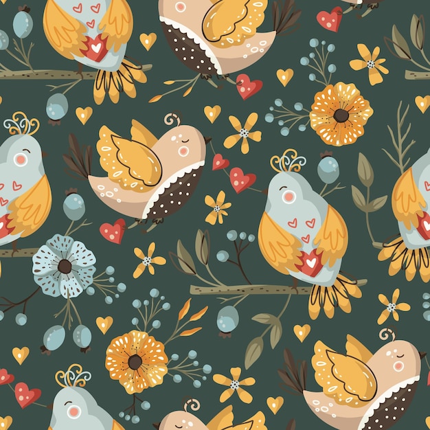 Bird and flower seamless vector pattern