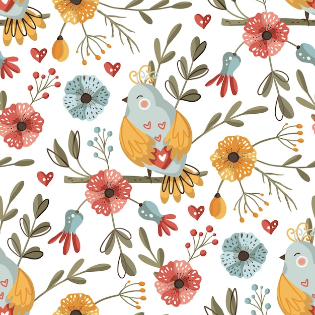 Bird and flower seamless vector pattern