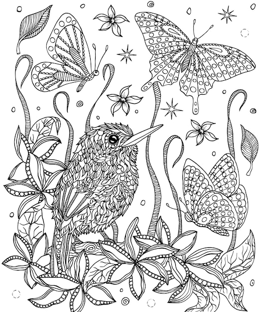 Bird and flowers coloring page Cuban tody