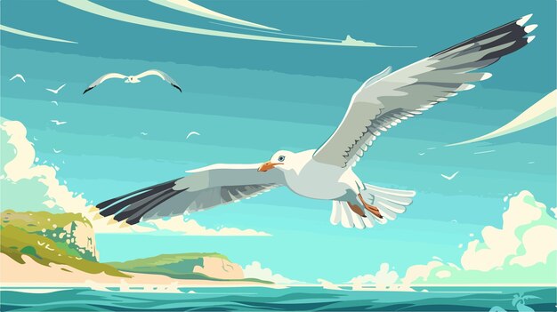 Vector a bird flying over the ocean with a sky background