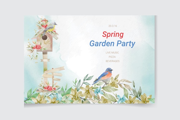 Bird house watercolor spring garden party banner