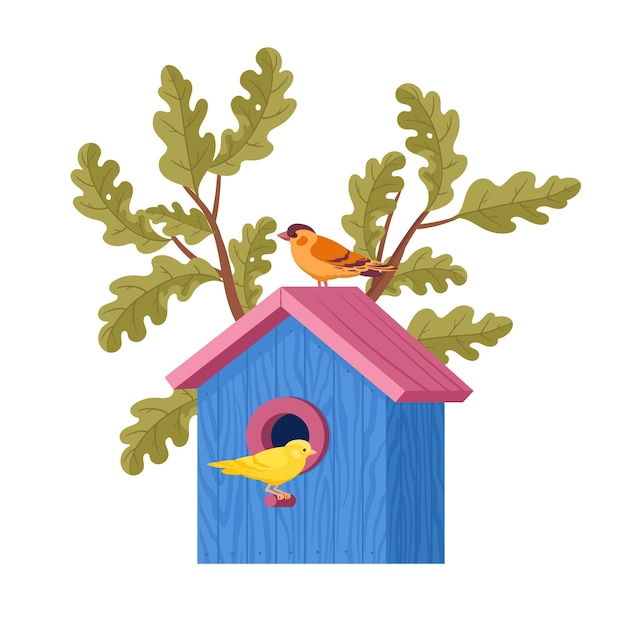 Bird house with feeder Wooden bird house hand crafted cute birds nests on oak tree flat vector illustration Cartoon nesting bird house