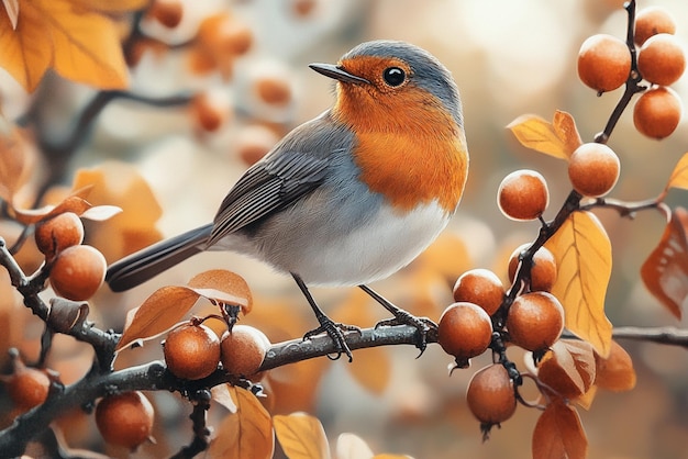 a bird is perched on a branch with orange berries