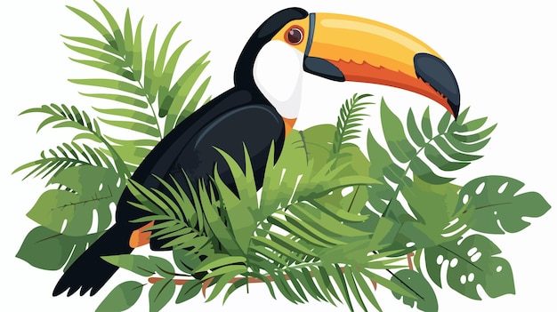 Vector a bird is standing in a jungle with leaves and a banana