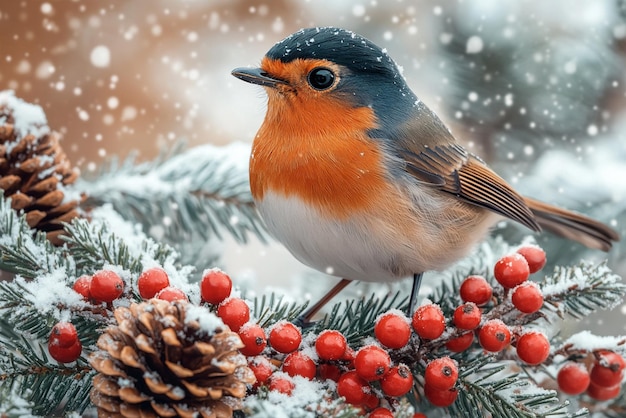 a bird is standing on a pine tree branch with a pine cone in the background