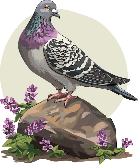 a bird is standing on a rock with flowers and plants vector