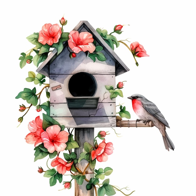 Bird over mailbox with flowers watercolor paint