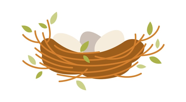 Vector bird nest of small twigs with chick inside flat icon