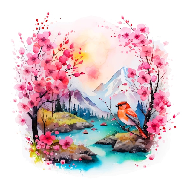 Bird and pink flowers in beautiful mountain view watercolor paint