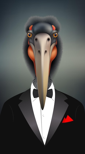 Bird's head Vector illustration of a stork dressed in a tuxedo Sketch for creativity