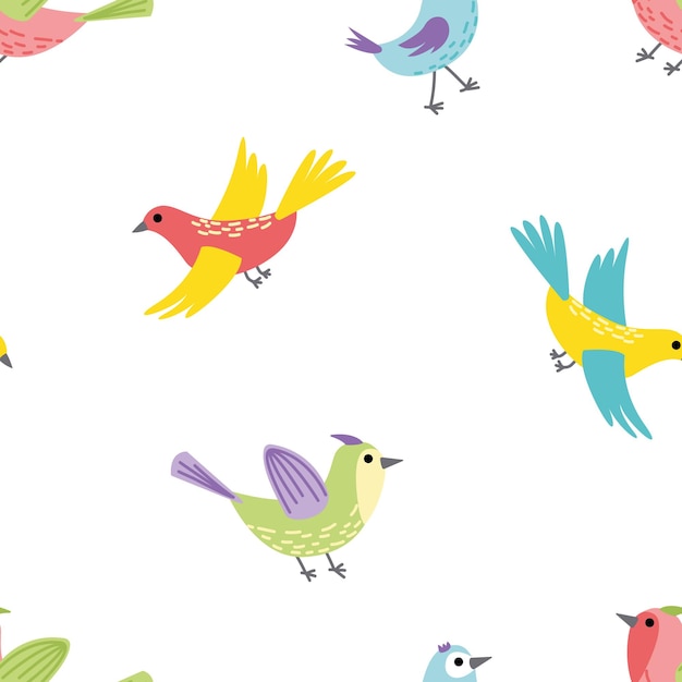 Bird Seamless pattern with colorful bright birds Flat cartoon vector