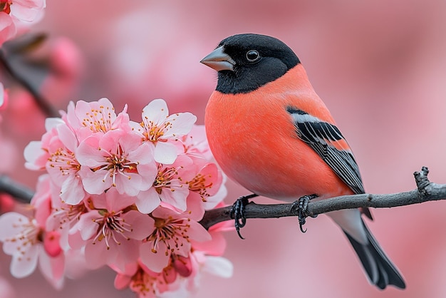 a bird sits on a branch with flowers in the background