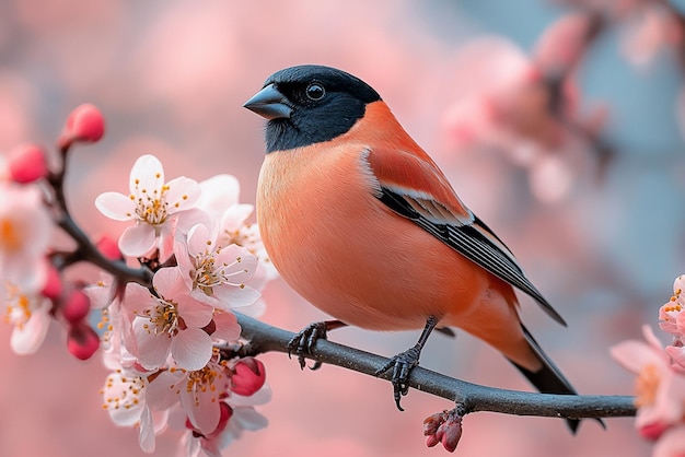 a bird sits on a branch with a pink flower in the background