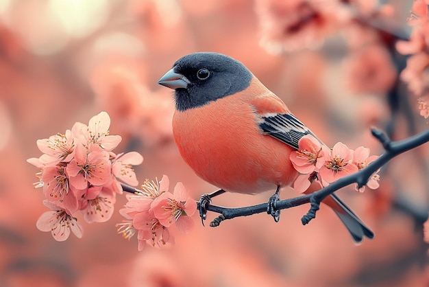 a bird sits on a branch with pink flowers