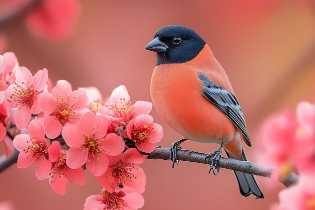 a bird sits on a branch with pink flowers