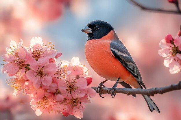 Vector a bird sits on a branch with pink flowers