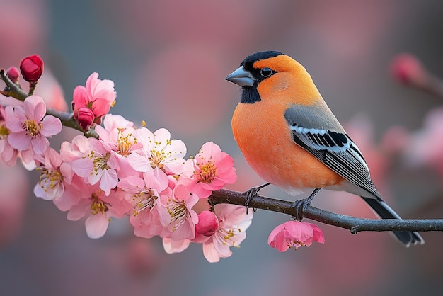 Vector a bird sits on a branch with pink flowers