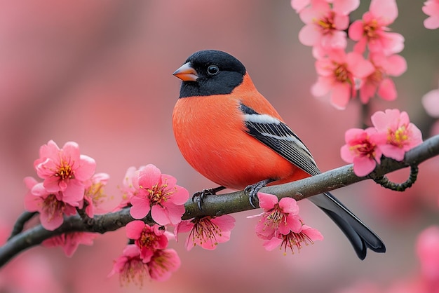 a bird sits on a branch with pink flowers