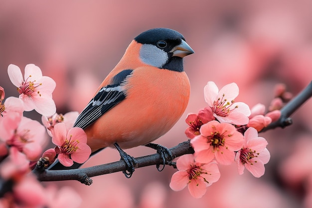 a bird sits on a branch with pink flowers