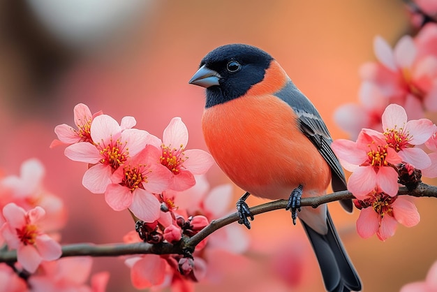 a bird sits on a branch with pink flowers