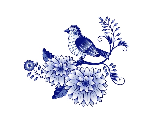 Bird sitting on a flowering branch. Blue and white  drawing . Chinese style . Floral vector template