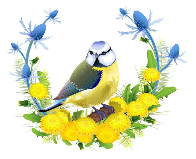 Bird tit sit branch floral wreath dandelion and thistle Tit symbol in color of Ukrainian flag