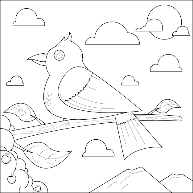 Bird on a tree branch suitable for children's coloring page vector illustration