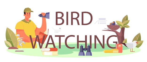 Bird watching typographic header. Ornithologist study birds. Zoologist research