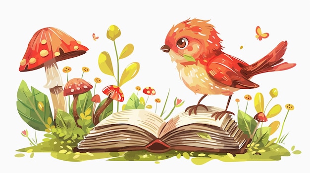 Bird with Book and Mushrooms Vector Illustration