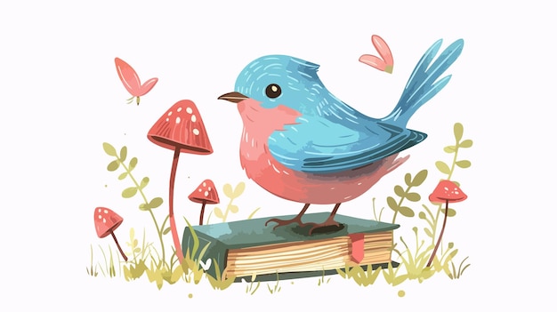 Vector bird with book and mushrooms vector illustration