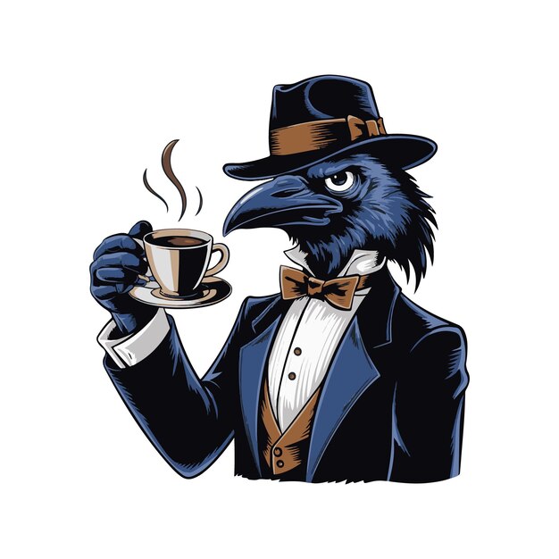 Vector a bird with a hat and a hat holding a cup of coffee