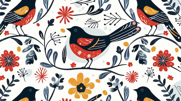 a bird with a red breast is on a floral pattern