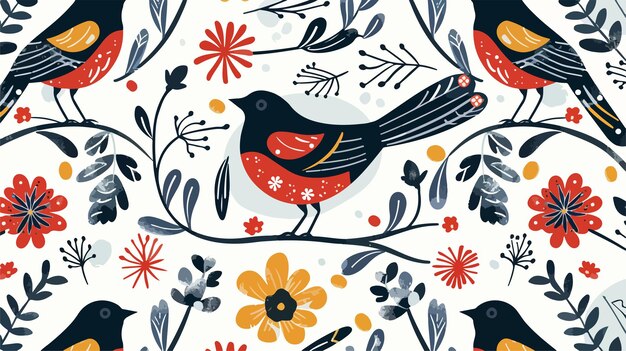 Vector a bird with a red breast is on a floral pattern