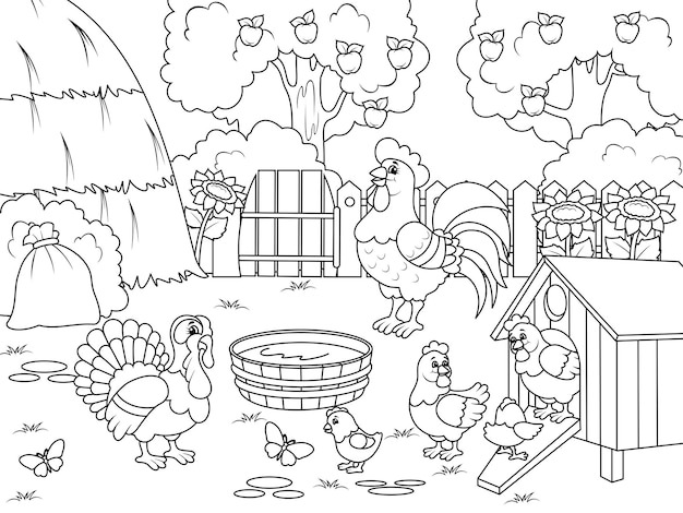 Bird yard farm Chickens and a turkey are walking in the yard Childrens coloring black lines white